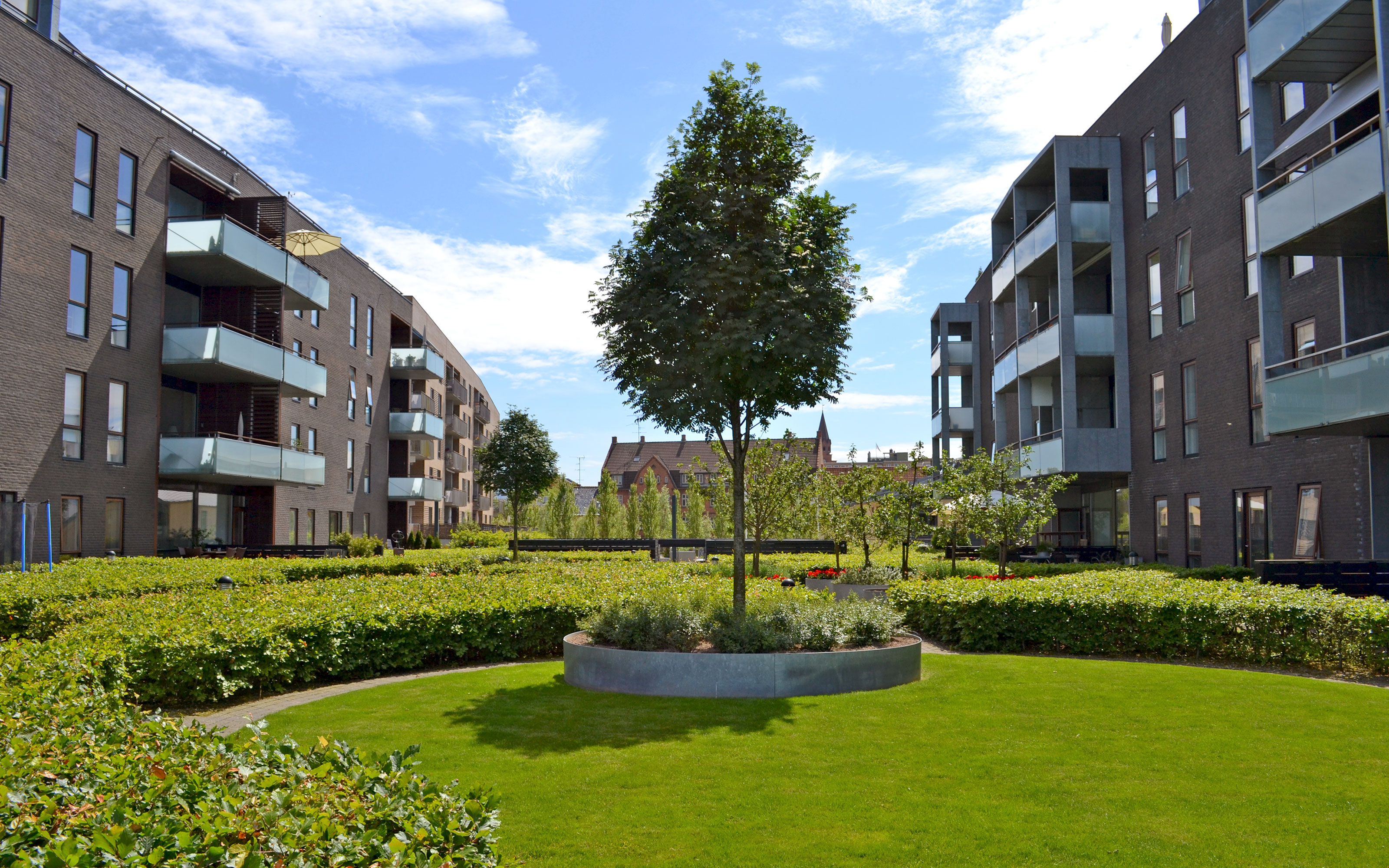 Large and lush roof gardens with big trees, bushes and perennials were built on top of the underground garage. Residential green courtyard with lawn, roses and trees